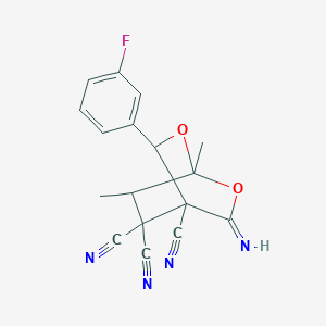 molecular formula C17H13FN4O2 B11507268 3-(3-Fluorophenyl)-5-imino-1,7-dimethyl-2,6-dioxabicyclo[2.2.2]octane-4,8,8-tricarbonitrile 