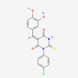 (5E)-1-(4-chlorophenyl)-5-[(3-hydroxy-4-methoxyphenyl)methylidene]-2-sulfanylidene-1,3-diazinane-4,6-dione