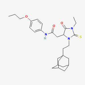 molecular formula C28H39N3O3S B11507679 2-{3-[2-(Adamantan-1-YL)ethyl]-1-ethyl-5-oxo-2-sulfanylideneimidazolidin-4-YL}-N-(4-propoxyphenyl)acetamide 