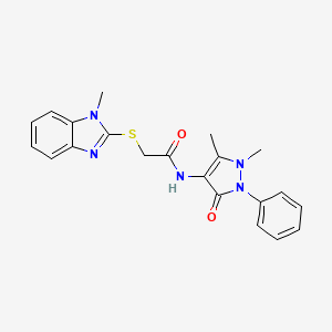 molecular formula C21H21N5O2S B11507730 N-(1,5-dimethyl-3-oxo-2-phenyl-2,3-dihydro-1H-pyrazol-4-yl)-2-[(1-methyl-1H-benzimidazol-2-yl)sulfanyl]acetamide 