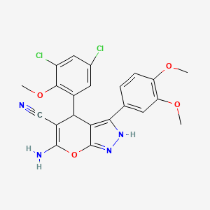 molecular formula C22H18Cl2N4O4 B11507757 6-Amino-4-(3,5-dichloro-2-methoxyphenyl)-3-(3,4-dimethoxyphenyl)-1,4-dihydropyrano[2,3-c]pyrazole-5-carbonitrile 