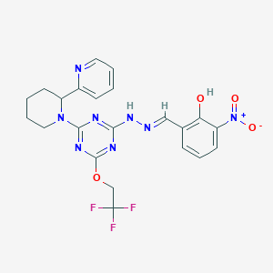 2-nitro-6-[(E)-(2-{4-[2-(pyridin-2-yl)piperidin-1-yl]-6-(2,2,2-trifluoroethoxy)-1,3,5-triazin-2-yl}hydrazinylidene)methyl]phenol