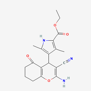 molecular formula C19H21N3O4 B11508043 Ethyl 4-(2-amino-3-cyano-5-oxo-5,6,7,8-tetrahydro-4H-chromen-4-yl)-3,5-dimethyl-1H-pyrrole-2-carboxylate 