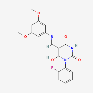 (5E)-5-{[(3,5-dimethoxyphenyl)amino]methylidene}-1-(2-fluorophenyl)pyrimidine-2,4,6(1H,3H,5H)-trione