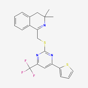 molecular formula C21H18F3N3S2 B11508141 3,3-Dimethyl-1-({[4-(thiophen-2-yl)-6-(trifluoromethyl)pyrimidin-2-yl]sulfanyl}methyl)-3,4-dihydroisoquinoline 