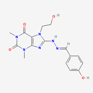 molecular formula C16H18N6O4 B11508150 8-[(2E)-2-(4-hydroxybenzylidene)hydrazinyl]-7-(2-hydroxyethyl)-1,3-dimethyl-3,7-dihydro-1H-purine-2,6-dione 