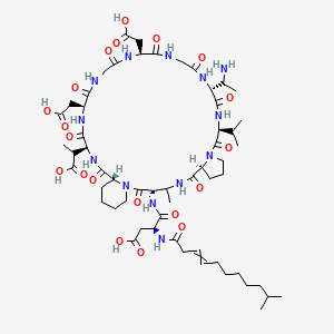molecular formula C56H87N13O20 B1150829 (3S)-4-[[(3S,7S,13S,16R,22S,28S,31S,34R)-16-(1-aminoethyl)-31-(1-carboxyethyl)-22,28-bis(carboxymethyl)-4-methyl-2,6,12,15,18,21,24,27,30,33-decaoxo-13-propan-2-yl-1,5,11,14,17,20,23,26,29,32-decazatricyclo[32.4.0.07,11]octatriacontan-3-yl]amino]-3-(10-methylundec-3-enoylamino)-4-oxobutanoic acid 