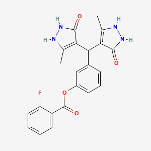 molecular formula C22H19FN4O4 B11508488 3-[bis(5-hydroxy-3-methyl-1H-pyrazol-4-yl)methyl]phenyl 2-fluorobenzoate 