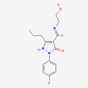 molecular formula C15H18FN3O2 B11508770 (4E)-2-(4-fluorophenyl)-4-{[(2-hydroxyethyl)amino]methylidene}-5-propyl-2,4-dihydro-3H-pyrazol-3-one 