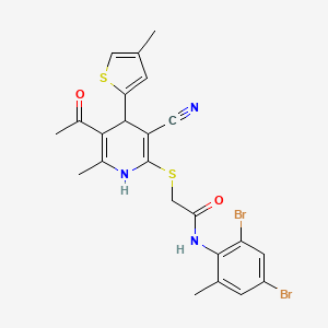 molecular formula C23H21Br2N3O2S2 B11508836 2-{[5-acetyl-3-cyano-6-methyl-4-(4-methylthiophen-2-yl)-1,4-dihydropyridin-2-yl]sulfanyl}-N-(2,4-dibromo-6-methylphenyl)acetamide 