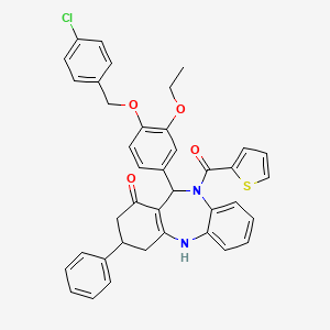 molecular formula C39H33ClN2O4S B11508977 11-{4-[(4-chlorobenzyl)oxy]-3-ethoxyphenyl}-3-phenyl-10-(thiophen-2-ylcarbonyl)-2,3,4,5,10,11-hexahydro-1H-dibenzo[b,e][1,4]diazepin-1-one 