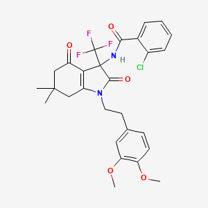 molecular formula C28H28ClF3N2O5 B11509025 2-chloro-N-{1-[2-(3,4-dimethoxyphenyl)ethyl]-6,6-dimethyl-2,4-dioxo-3-(trifluoromethyl)-2,3,4,5,6,7-hexahydro-1H-indol-3-yl}benzamide 