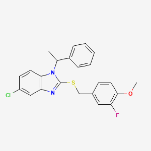 molecular formula C23H20ClFN2OS B11509070 5-Chloro-2-[(3-fluoro-4-methoxybenzyl)sulfanyl]-1-(1-phenylethyl)-1H-benzimidazole 