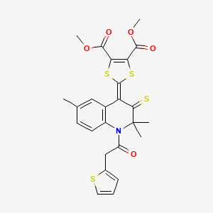 molecular formula C25H23NO5S4 B11509092 dimethyl 2-[2,2,6-trimethyl-1-(thiophen-2-ylacetyl)-3-thioxo-2,3-dihydroquinolin-4(1H)-ylidene]-1,3-dithiole-4,5-dicarboxylate 