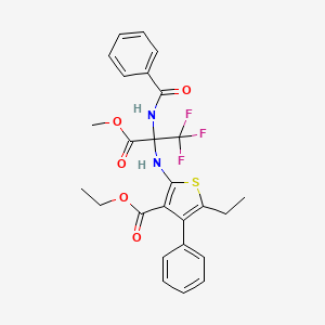 molecular formula C26H25F3N2O5S B11509314 Ethyl 5-ethyl-4-phenyl-2-({1,1,1-trifluoro-3-methoxy-3-oxo-2-[(phenylcarbonyl)amino]propan-2-yl}amino)thiophene-3-carboxylate 