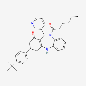 molecular formula C34H39N3O2 B11509456 3-(4-tert-butylphenyl)-10-hexanoyl-11-(pyridin-3-yl)-2,3,4,5,10,11-hexahydro-1H-dibenzo[b,e][1,4]diazepin-1-one 