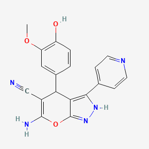 molecular formula C19H15N5O3 B11509523 6-Amino-4-(4-hydroxy-3-methoxyphenyl)-3-(pyridin-4-yl)-1,4-dihydropyrano[2,3-c]pyrazole-5-carbonitrile 