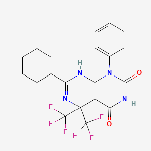 molecular formula C20H18F6N4O2 B11509600 7-Cyclohexyl-1-phenyl-5,5-bis-trifluoromethyl-5,8-dihydro-1H-pyrimido[4,5-d]pyrimidine-2,4-dione 