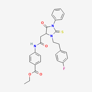 Ethyl 4-({2-[3-(4-fluorophenethyl)-5-oxo-1-phenyl-2-thioxo-4-imidazolidinyl]acetyl}amino)benzoate