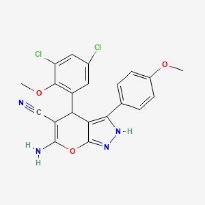 molecular formula C21H16Cl2N4O3 B11509747 6-Amino-4-(3,5-dichloro-2-methoxyphenyl)-3-(4-methoxyphenyl)-1,4-dihydropyrano[2,3-c]pyrazole-5-carbonitrile 