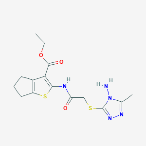 molecular formula C15H19N5O3S2 B11509809 ethyl 2-({[(4-amino-5-methyl-4H-1,2,4-triazol-3-yl)sulfanyl]acetyl}amino)-5,6-dihydro-4H-cyclopenta[b]thiophene-3-carboxylate 