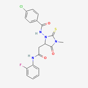 4-chloro-N-(5-{2-[(2-fluorophenyl)amino]-2-oxoethyl}-3-methyl-4-oxo-2-thioxoimidazolidin-1-yl)benzamide