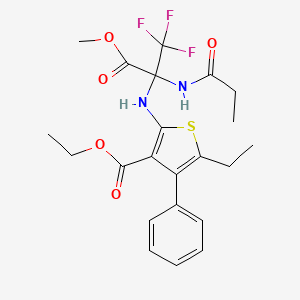 Ethyl 5-ethyl-4-phenyl-2-{[1,1,1-trifluoro-3-methoxy-3-oxo-2-(propanoylamino)propan-2-yl]amino}thiophene-3-carboxylate