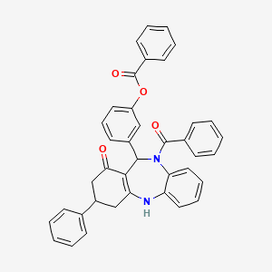 molecular formula C39H30N2O4 B11510144 3-(10-benzoyl-1-oxo-3-phenyl-2,3,4,5,10,11-hexahydro-1H-dibenzo[b,e][1,4]diazepin-11-yl)phenyl benzoate 