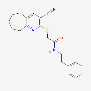 molecular formula C21H23N3OS B11510275 2-[(3-cyano-6,7,8,9-tetrahydro-5H-cyclohepta[b]pyridin-2-yl)sulfanyl]-N-(2-phenylethyl)acetamide 