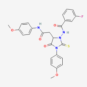 3-Fluoro-N-{3-(4-methoxy-phenyl)-5-[(4-methoxy-phenylcarbamoyl)-methyl]-4-oxo-2-thioxo-imidazolidin-1-yl}-benzamide