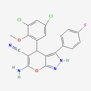 molecular formula C20H13Cl2FN4O2 B11510578 6-Amino-4-(3,5-dichloro-2-methoxyphenyl)-3-(4-fluorophenyl)-1,4-dihydropyrano[2,3-c]pyrazole-5-carbonitrile 