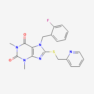 molecular formula C20H18FN5O2S B11510717 7-(2-fluorobenzyl)-1,3-dimethyl-8-[(pyridin-2-ylmethyl)sulfanyl]-3,7-dihydro-1H-purine-2,6-dione 