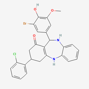 molecular formula C26H22BrClN2O3 B11510796 11-(3-bromo-4-hydroxy-5-methoxyphenyl)-3-(2-chlorophenyl)-2,3,4,5,10,11-hexahydro-1H-dibenzo[b,e][1,4]diazepin-1-one 