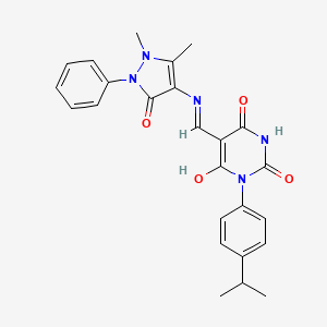 molecular formula C25H25N5O4 B11510933 (5E)-5-{[(1,5-dimethyl-3-oxo-2-phenyl-2,3-dihydro-1H-pyrazol-4-yl)amino]methylidene}-1-[4-(propan-2-yl)phenyl]pyrimidine-2,4,6(1H,3H,5H)-trione 