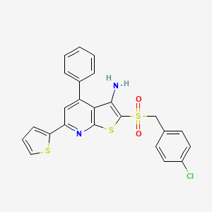 molecular formula C24H17ClN2O2S3 B11511081 2-[(4-Chlorobenzyl)sulfonyl]-4-phenyl-6-(thiophen-2-yl)thieno[2,3-b]pyridin-3-amine 