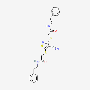 molecular formula C24H24N4O2S3 B11511282 2,2'-[(4-cyano-1,2-thiazole-3,5-diyl)disulfanediyl]bis[N-(2-phenylethyl)acetamide] 