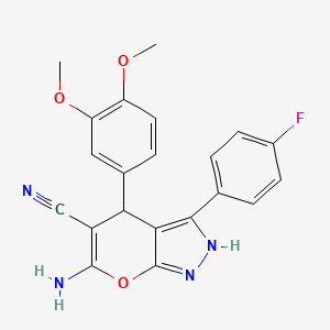 molecular formula C21H17FN4O3 B11511296 6-Amino-4-(3,4-dimethoxyphenyl)-3-(4-fluorophenyl)-1,4-dihydropyrano[2,3-c]pyrazole-5-carbonitrile 