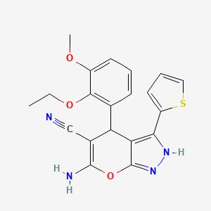 molecular formula C20H18N4O3S B11511716 6-Amino-4-(2-ethoxy-3-methoxyphenyl)-3-(thiophen-2-yl)-1,4-dihydropyrano[2,3-c]pyrazole-5-carbonitrile 