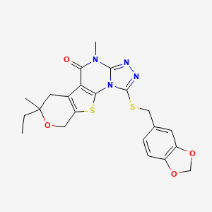 3-(1,3-benzodioxol-5-ylmethylsulfanyl)-12-ethyl-7,12-dimethyl-13-oxa-16-thia-2,4,5,7-tetrazatetracyclo[7.7.0.02,6.010,15]hexadeca-1(9),3,5,10(15)-tetraen-8-one