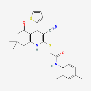 molecular formula C26H27N3O2S2 B11511798 2-{[3-cyano-7,7-dimethyl-5-oxo-4-(thiophen-2-yl)-1,4,5,6,7,8-hexahydroquinolin-2-yl]sulfanyl}-N-(2,4-dimethylphenyl)acetamide 