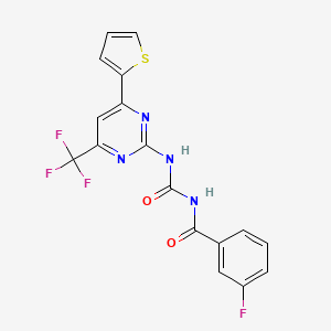 molecular formula C17H10F4N4O2S B11512041 3-fluoro-N-{[4-(thiophen-2-yl)-6-(trifluoromethyl)pyrimidin-2-yl]carbamoyl}benzamide 