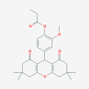 molecular formula C27H32O6 B11512278 2-methoxy-4-(3,3,6,6-tetramethyl-1,8-dioxo-2,3,4,5,6,7,8,9-octahydro-1H-xanthen-9-yl)phenyl propanoate 