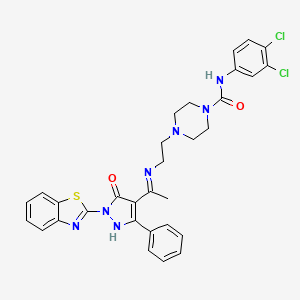 4-[2-({(1E)-1-[2-(1,3-benzothiazol-2-yl)-3-oxo-5-phenyl-2,3-dihydro-1H-pyrazol-4-yl]ethylidene}amino)ethyl]-N-(3,4-dichlorophenyl)piperazine-1-carboxamide