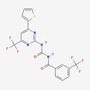 molecular formula C18H10F6N4O2S B11512648 N-{[4-(thiophen-2-yl)-6-(trifluoromethyl)pyrimidin-2-yl]carbamoyl}-3-(trifluoromethyl)benzamide 