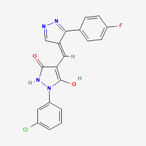 molecular formula C19H12ClFN4O2 B11512718 (4E)-1-(3-chlorophenyl)-4-{[3-(4-fluorophenyl)-1H-pyrazol-4-yl]methylidene}pyrazolidine-3,5-dione 