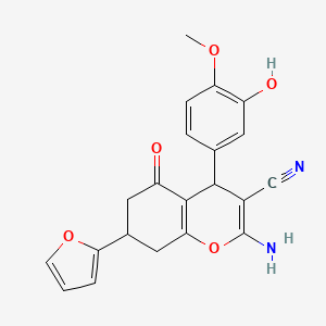 molecular formula C21H18N2O5 B11512787 2-amino-7-(furan-2-yl)-4-(3-hydroxy-4-methoxyphenyl)-5-oxo-5,6,7,8-tetrahydro-4H-chromene-3-carbonitrile 