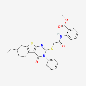 molecular formula C28H27N3O4S2 B11512845 Methyl 2-({[(7-ethyl-4-oxo-3-phenyl-3,4,5,6,7,8-hexahydro[1]benzothieno[2,3-d]pyrimidin-2-yl)sulfanyl]acetyl}amino)benzoate 