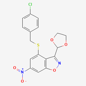 molecular formula C17H13ClN2O5S B11512861 4-(4-Chloro-benzylsulfanyl)-3-[1,3]dioxolan-2-yl-6-nitro-benzo[d]isoxazole 