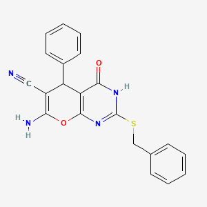 molecular formula C21H16N4O2S B11512905 7-amino-2-(benzylsulfanyl)-4-oxo-5-phenyl-3,5-dihydro-4H-pyrano[2,3-d]pyrimidine-6-carbonitrile 