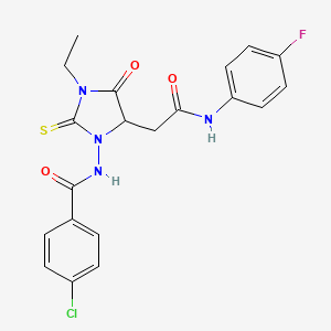 4-chloro-N-(3-ethyl-5-{2-[(4-fluorophenyl)amino]-2-oxoethyl}-4-oxo-2-thioxoimidazolidin-1-yl)benzamide